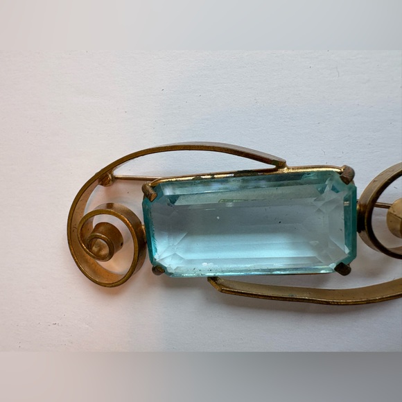 3”x2” Brooch With Blue Emerald Cut Vintage Midcentury Modern faux Aquamarine - Picture 7 of 16